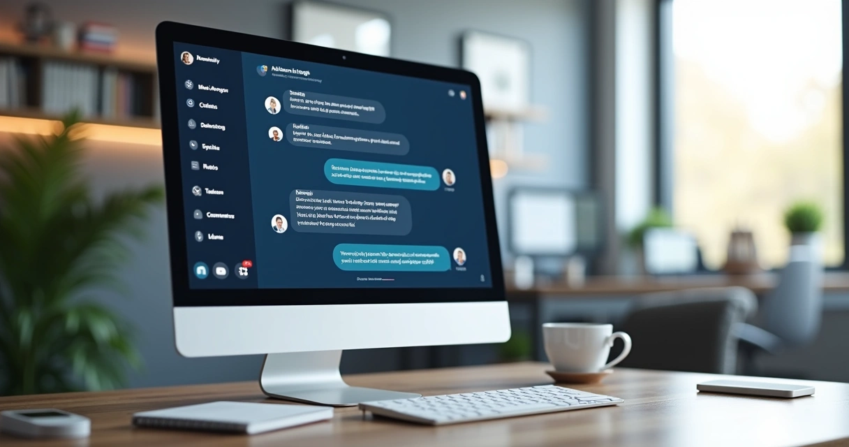 Computador exibindo conversa automatizada no Messenger em ambiente de trabalho moderno e iluminado 