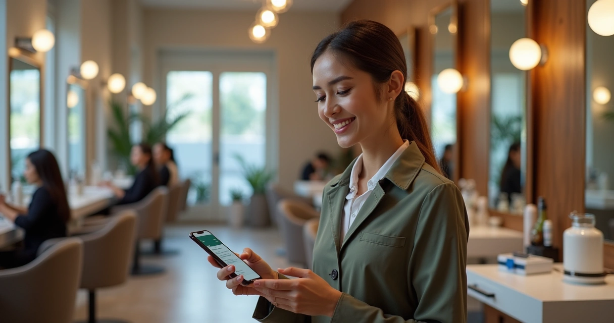 Salão de beleza moderno com atendente utilizando smartphone para atendimento automático via WhatsApp 