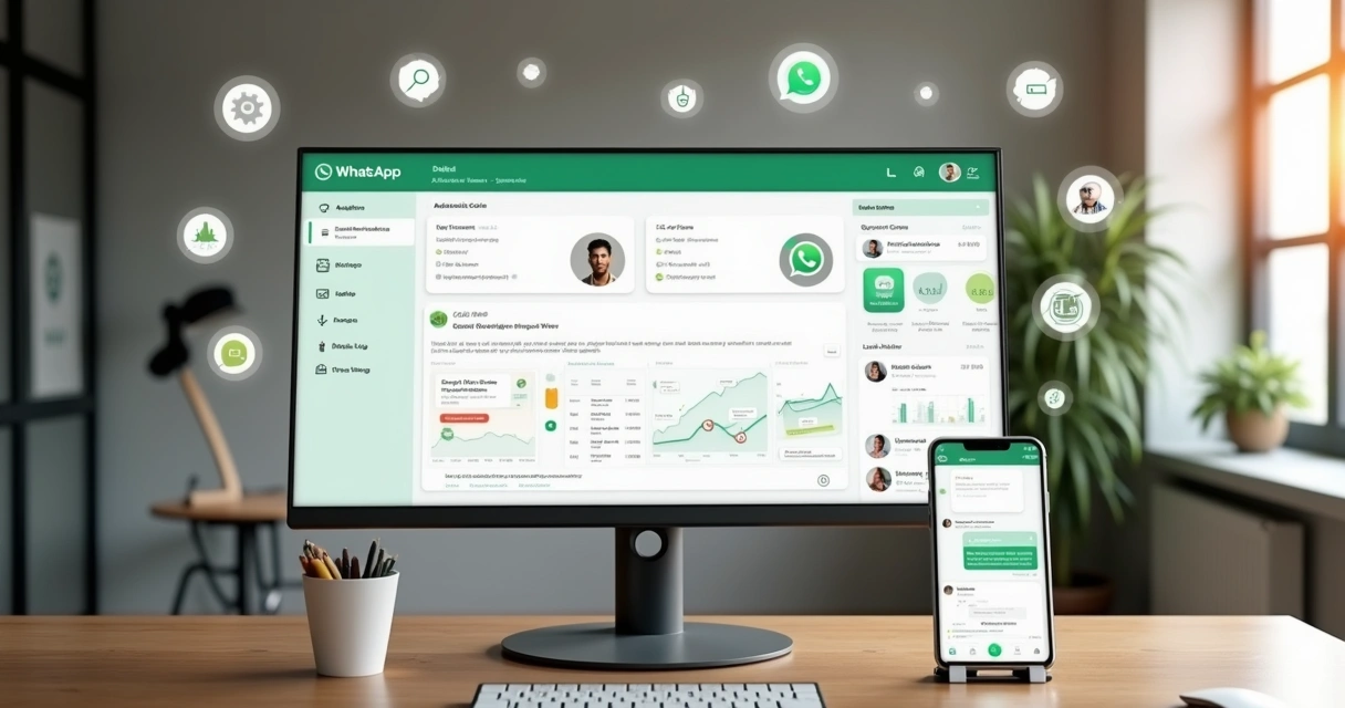 Painel com chatbot de atendimento automático integrado ao WhatsApp em ambiente de escritório 