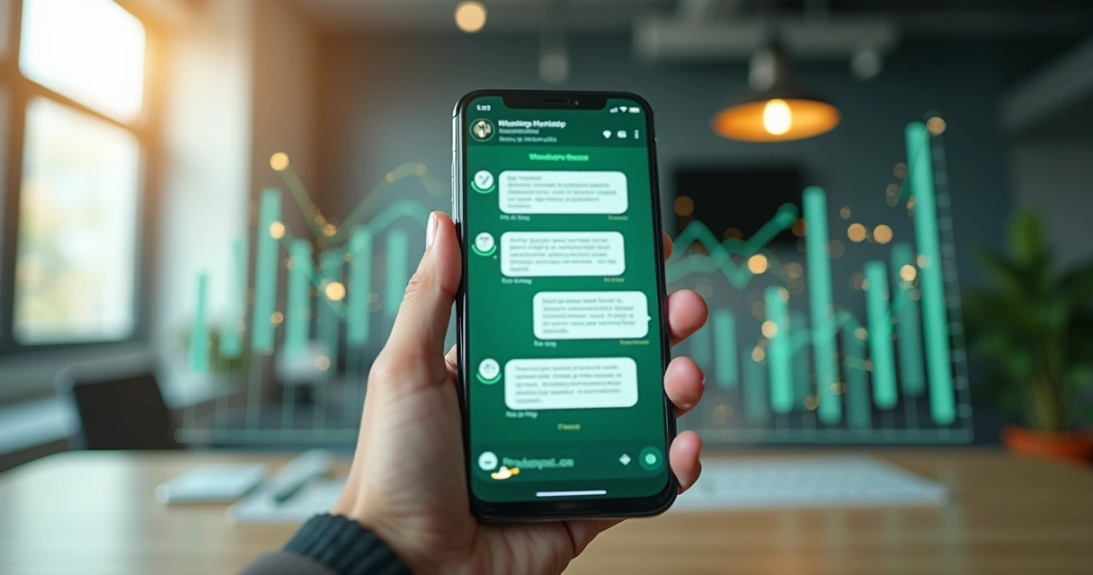 Tela de celular mostrando conversa automatizada no WhatsApp com gráficos de produtividade ao fundo 