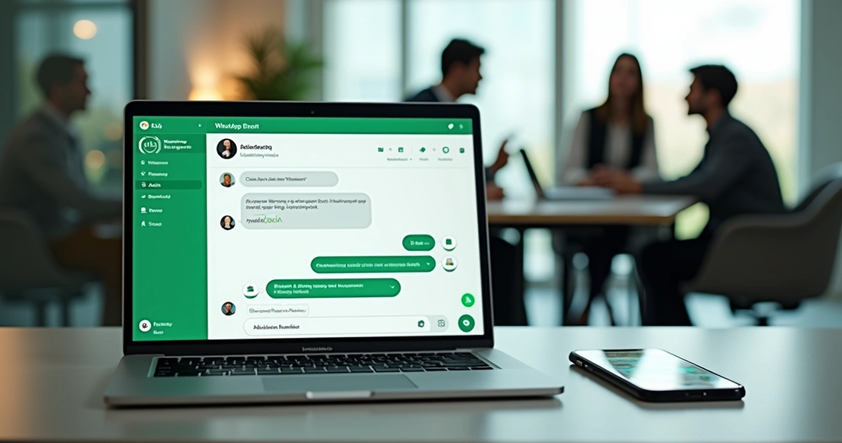 Tela de WhatsApp em notebook com chatbot automatizando atendimento de empresa 
