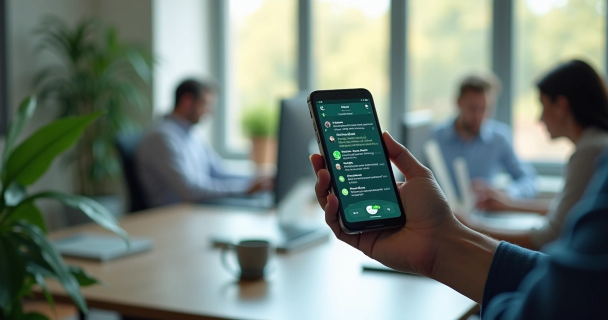 Pessoa interagindo com atendimento automático no celular via WhatsApp em ambiente moderno e organizado 