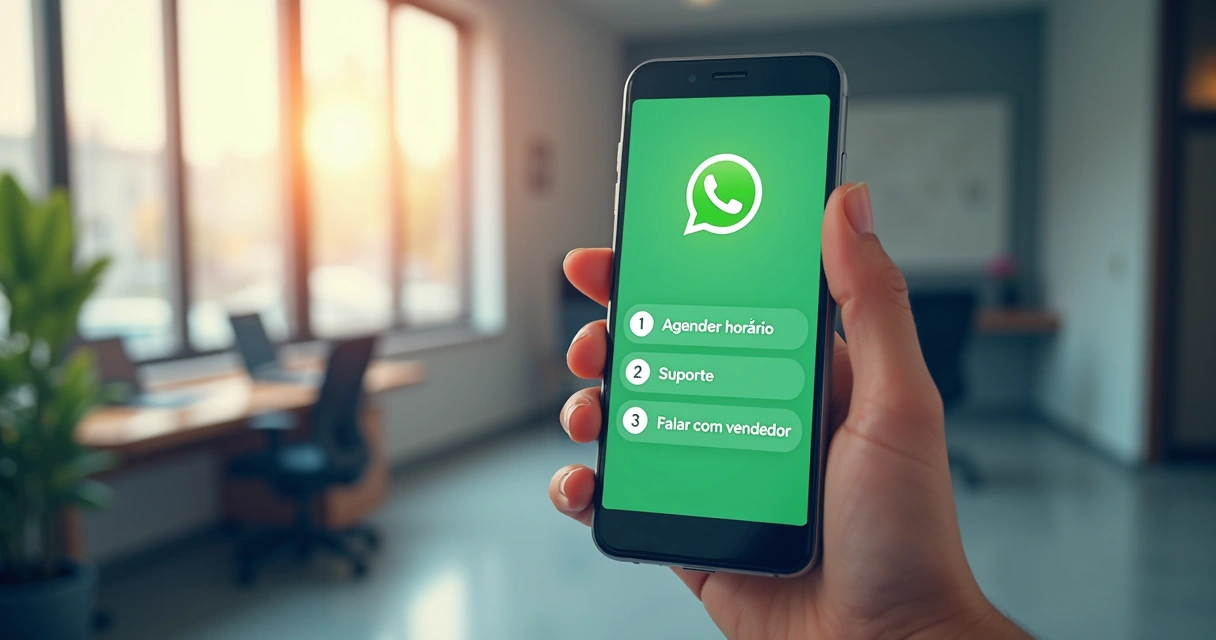 Tela de WhatsApp com menu automático e opções de atendimento 