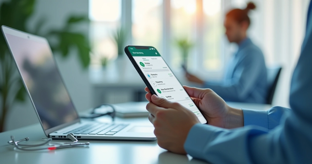 Profissional da saúde usando smartphone com chatbot integrado ao WhatsApp para agendamento clínico automático