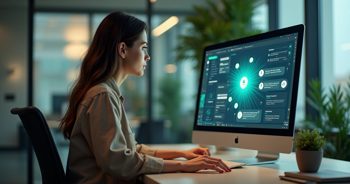 Atendente usando computador com chatbot para suporte ao cliente 