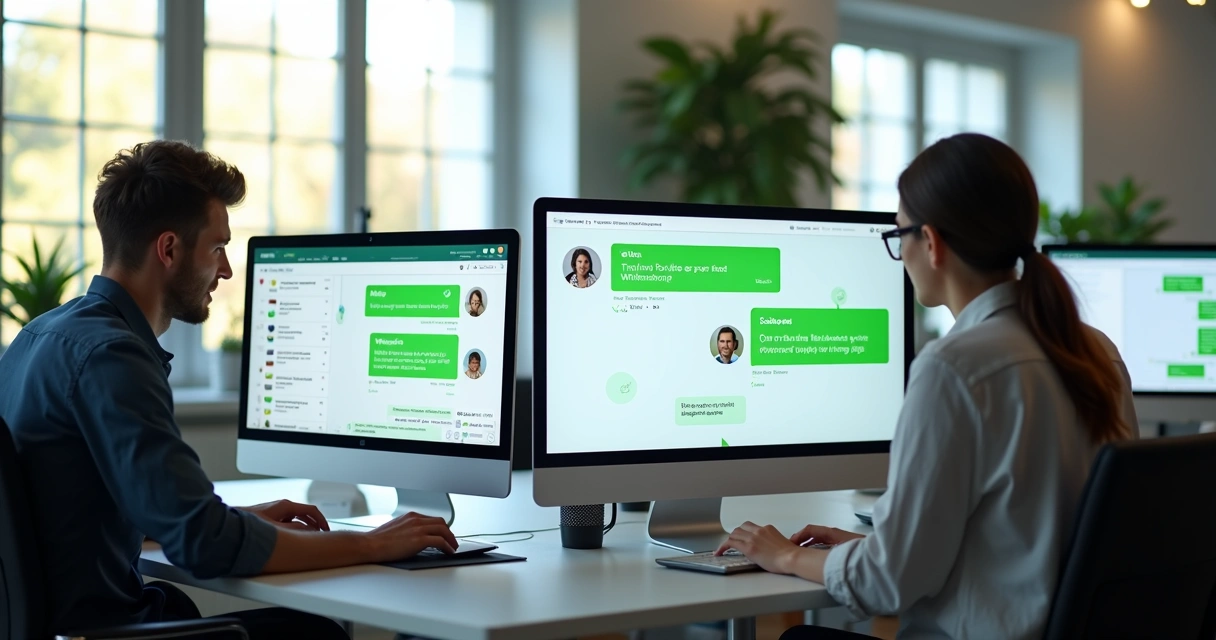 Equipe usando computador para atendimento automatizado via WhatsApp 