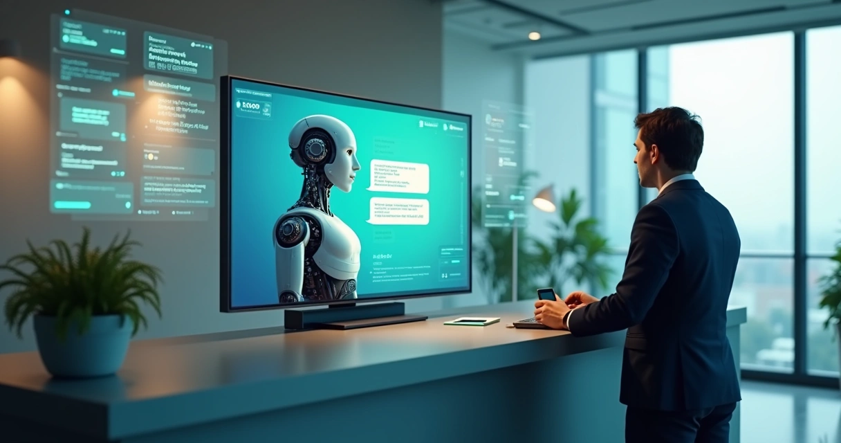 Atendente virtual na tela conversando com cliente humano ao lado de balcão digital 