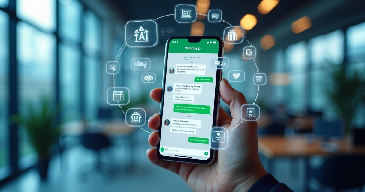 Interface digital mostrando atendimento automatizado integrado a WhatsApp com gráficos e ícones de inteligência artificial 