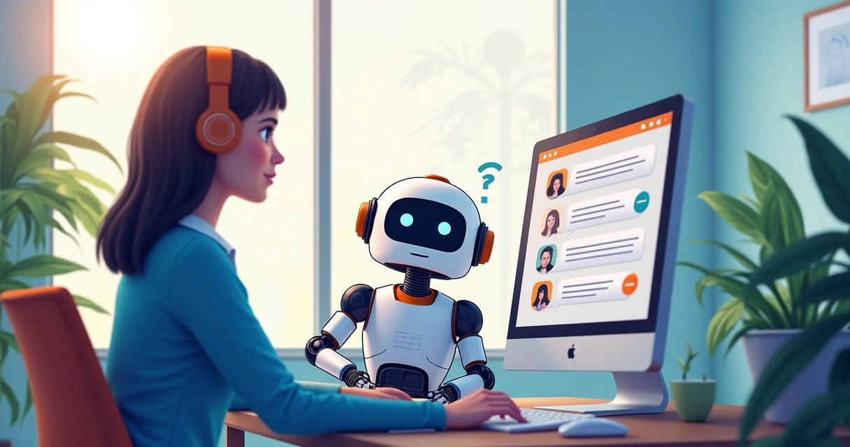 Atendente humano ao lado de um chatbot virtual em interface de atendimento digital 