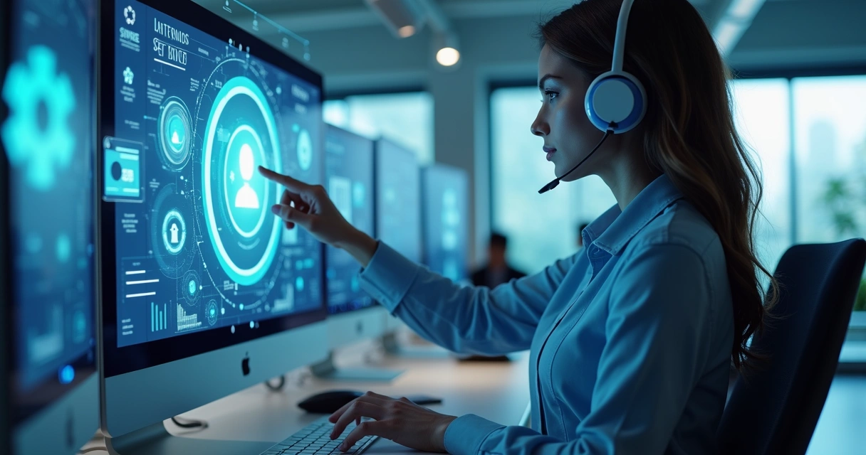 Ambiente de escritório moderno com profissional interagindo com chatbot em tela de computador e gráficos de desempenho ao fundo 