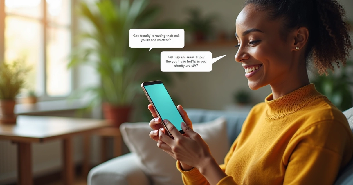 Cliente satisfeito interagindo com chatbot em smartphone 