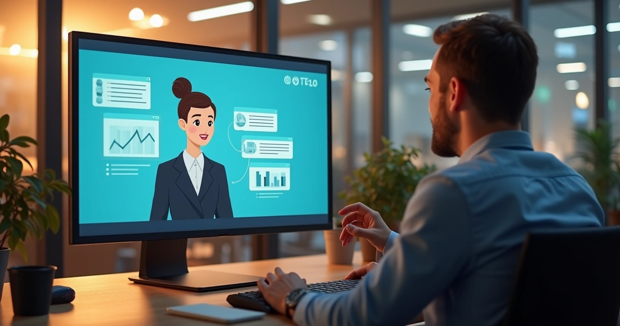 Atendente digital interagindo com cliente em tela de computador 
