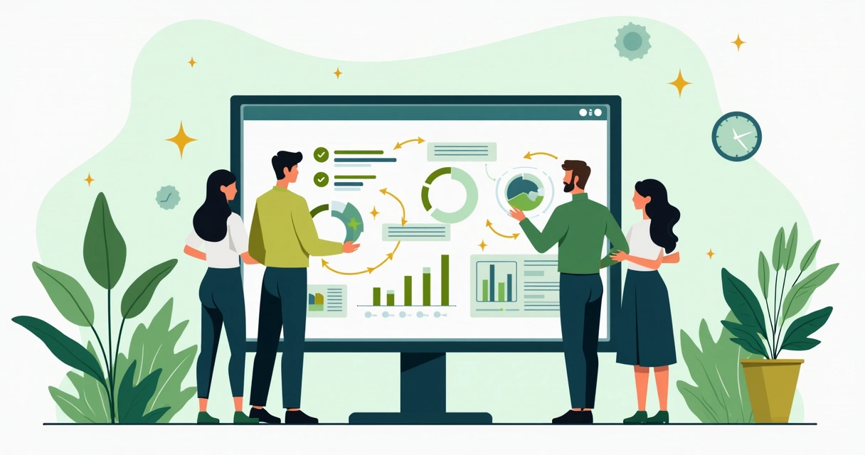 Equipe ao redor de tela com ilustração sobre fluxo de atendimento automatizado a clientes. 