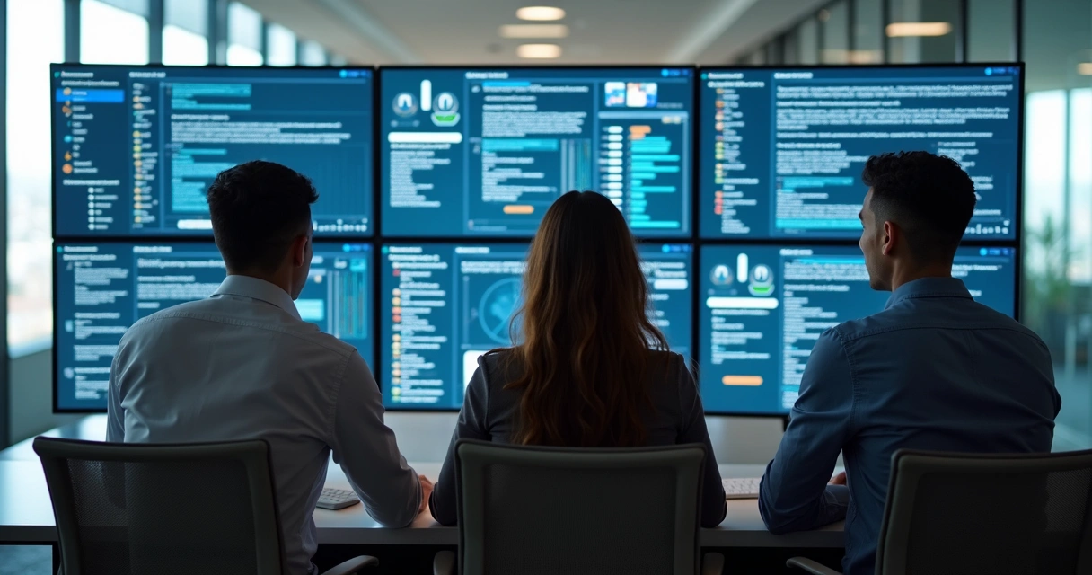 Equipe analisando atendimentos automatizados em monitores 