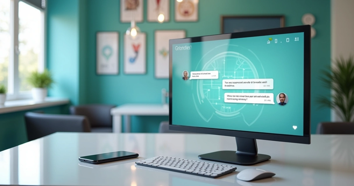 Atendente virtual com chatbot automatizando atendimento em clínica moderna com computador e celular 