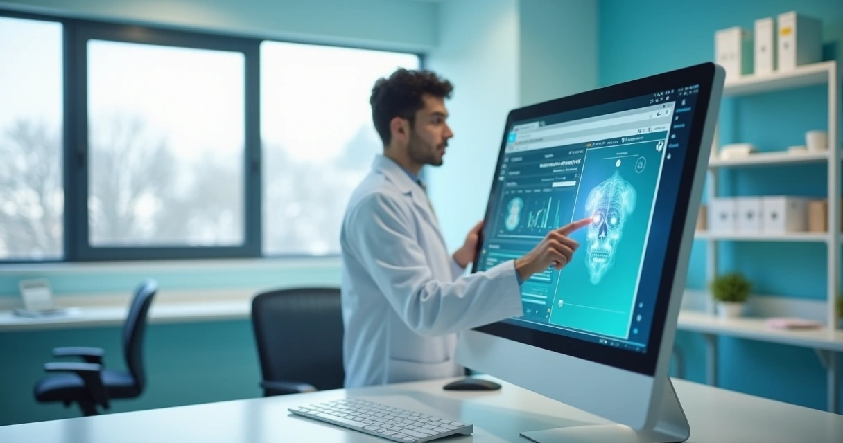 Consultor virtual em tela de computador realizando atendimento automatizado para clínica, ambiente clínico moderno ao fundo, com médico analisando dados digitais