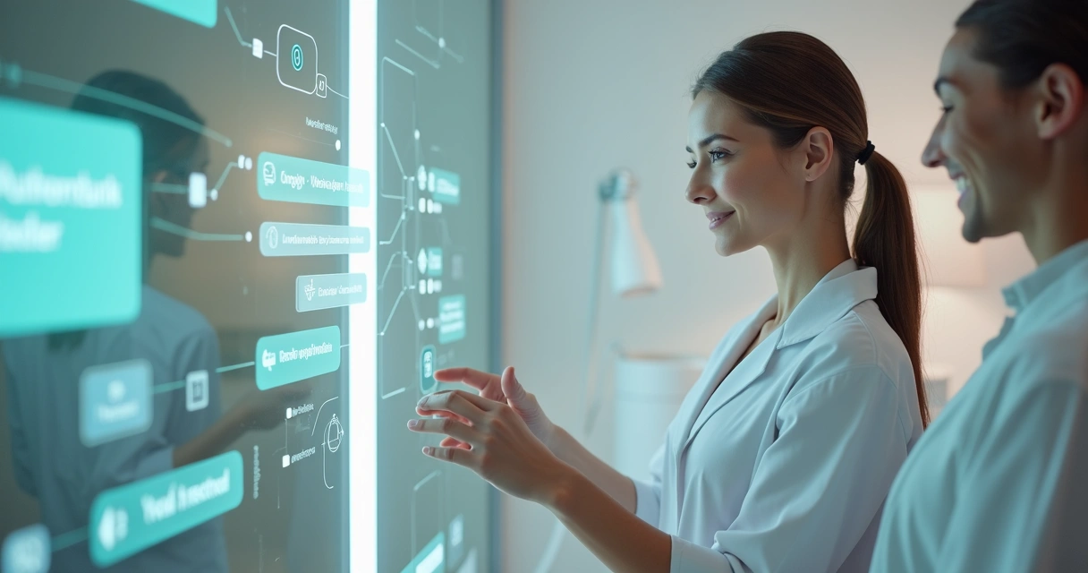 Esteticista usando sistema automatizado com cliente em clínica de estética 