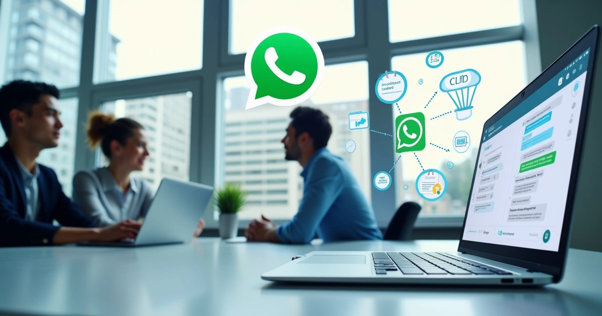 Interface de atendimento automático por IA no WhatsApp com CRM integrado e equipe de vendas ao fundo 