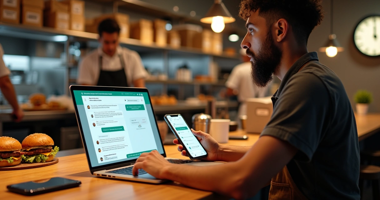 Dono de restaurante usando automação de atendimento no computador enquanto equipe prepara pedidos de delivery 