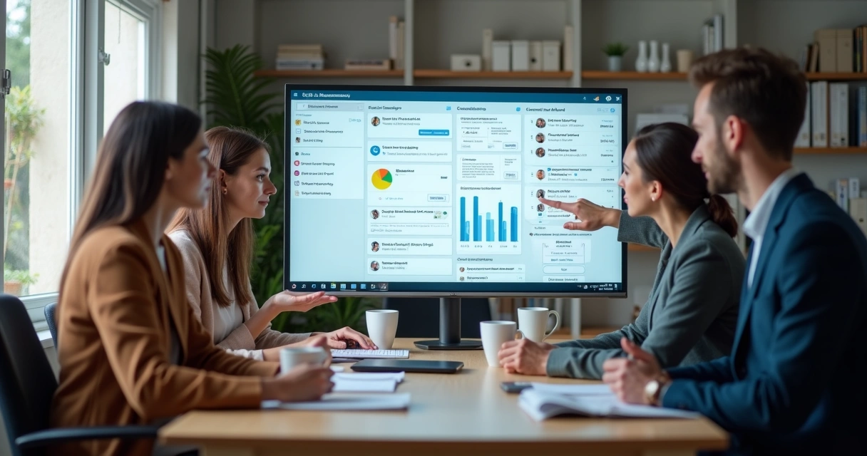 Equipe revisando painel de atendimento automatizado 