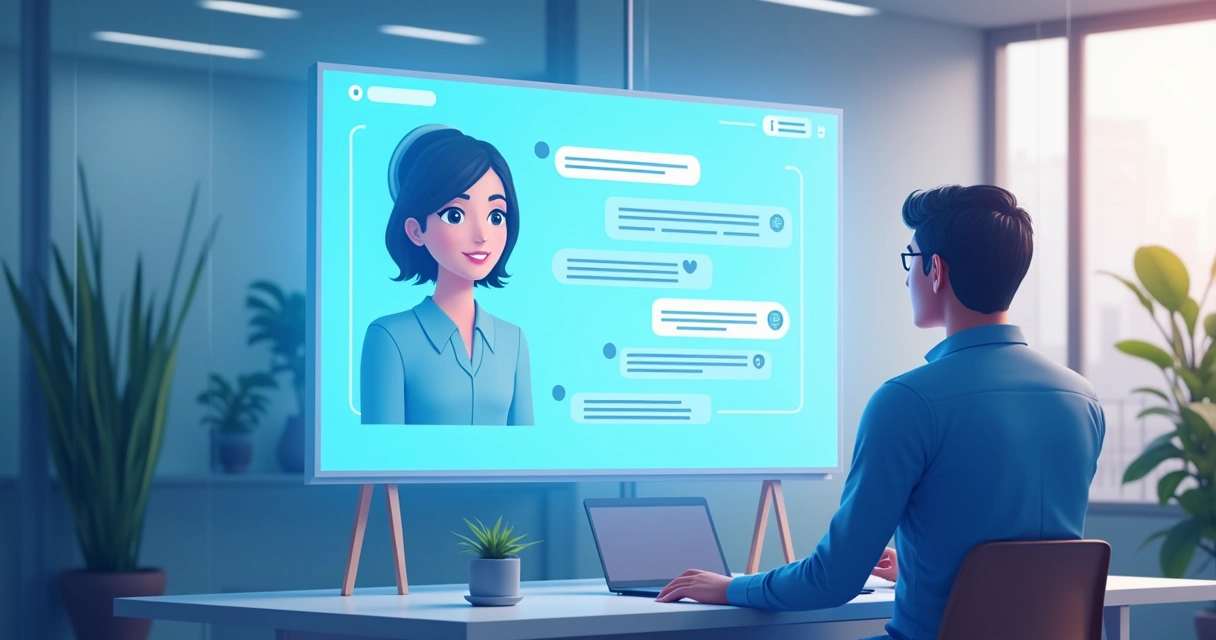 Atendente virtual e cliente conversando em interface digital 