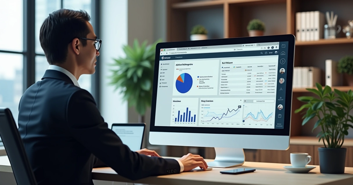 Advogado utilizando software de automação no escritório moderno com tela mostrando organização de leads e chat integrado ao WhatsApp 