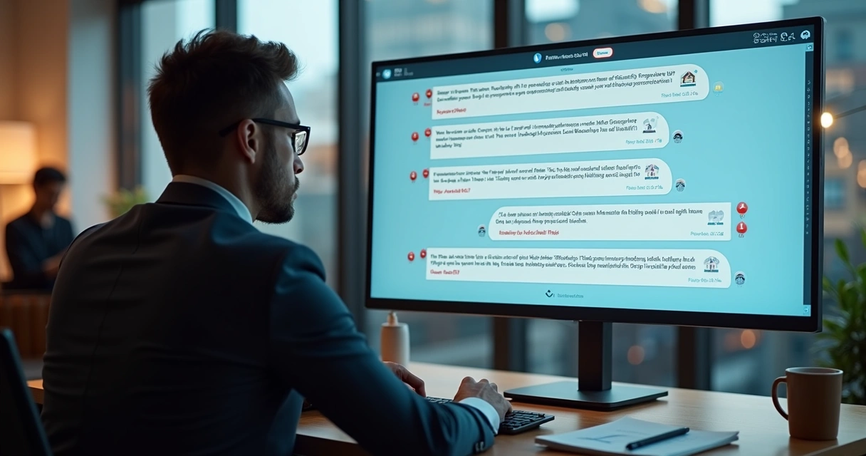 Corretor imobiliário observa chatbot automatizado afastando clientes na tela do computador 