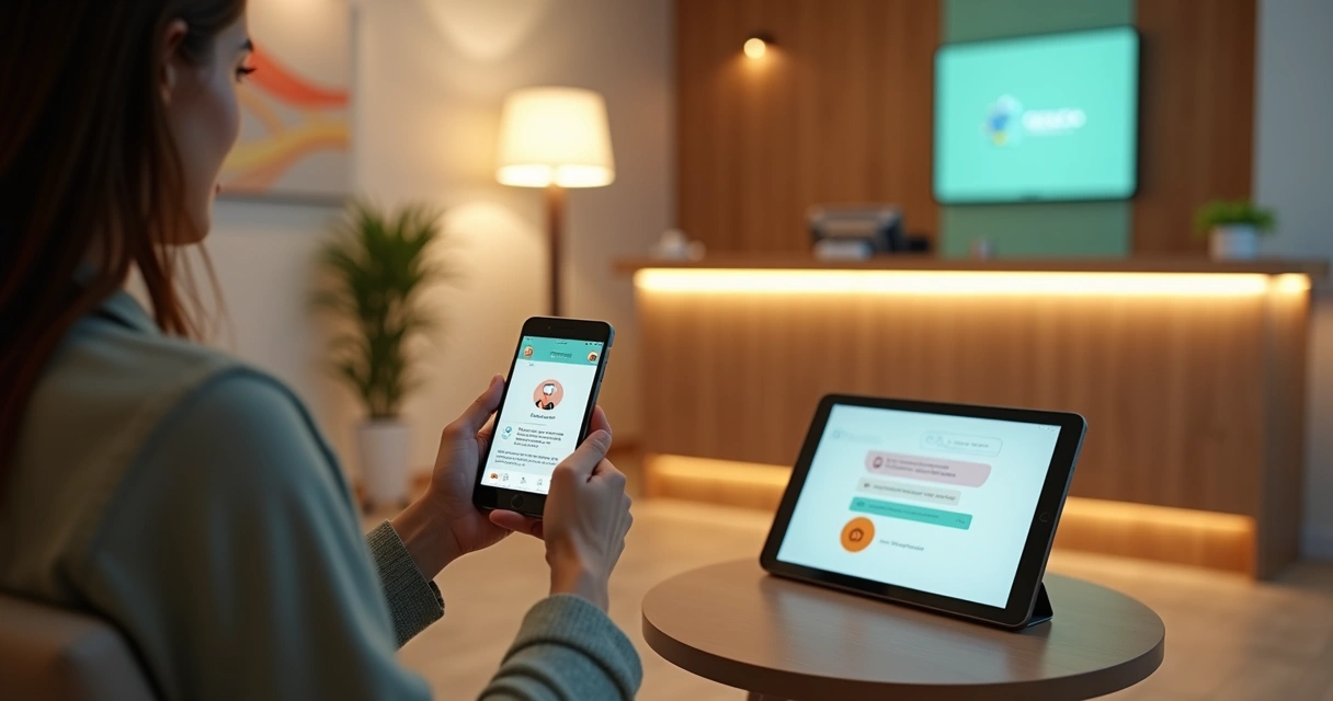 Paciente interagindo com assistente virtual acolhedor em clínica moderna 