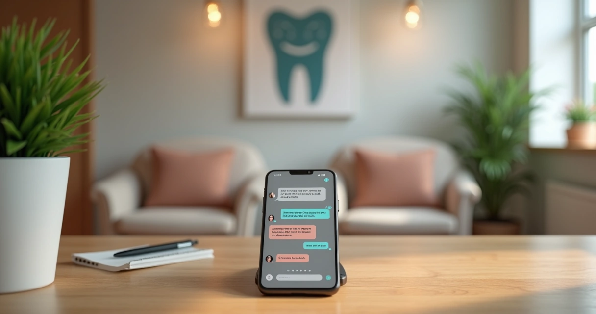 Chatbot com rosto amigável atendendo paciente em tela de celular 