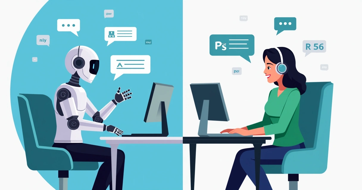 Comparativo entre chatbot e atendente humano em tela dividida 