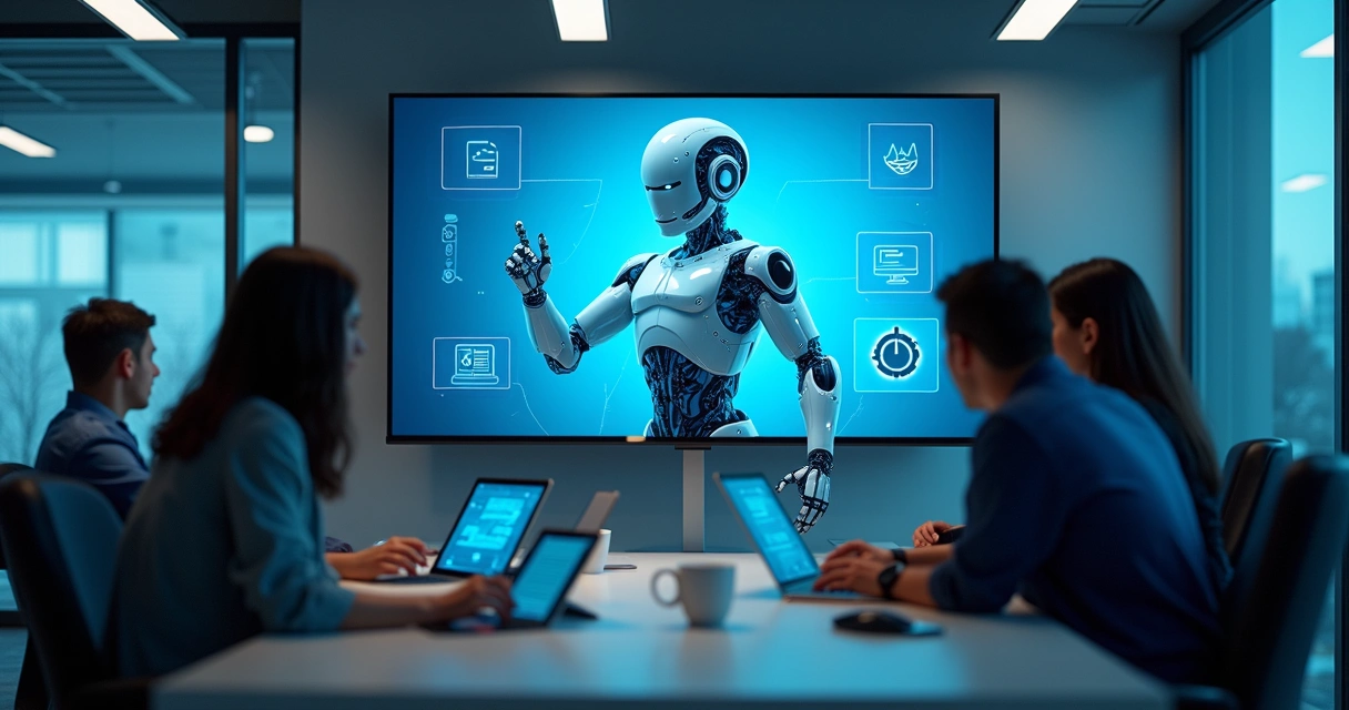 Equipe de atendimento usando painel digital com robô virtual