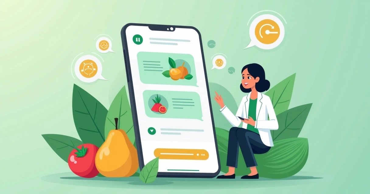Ilustração de chatbot IA conversando com paciente sobre nutrição em tela de smartphone