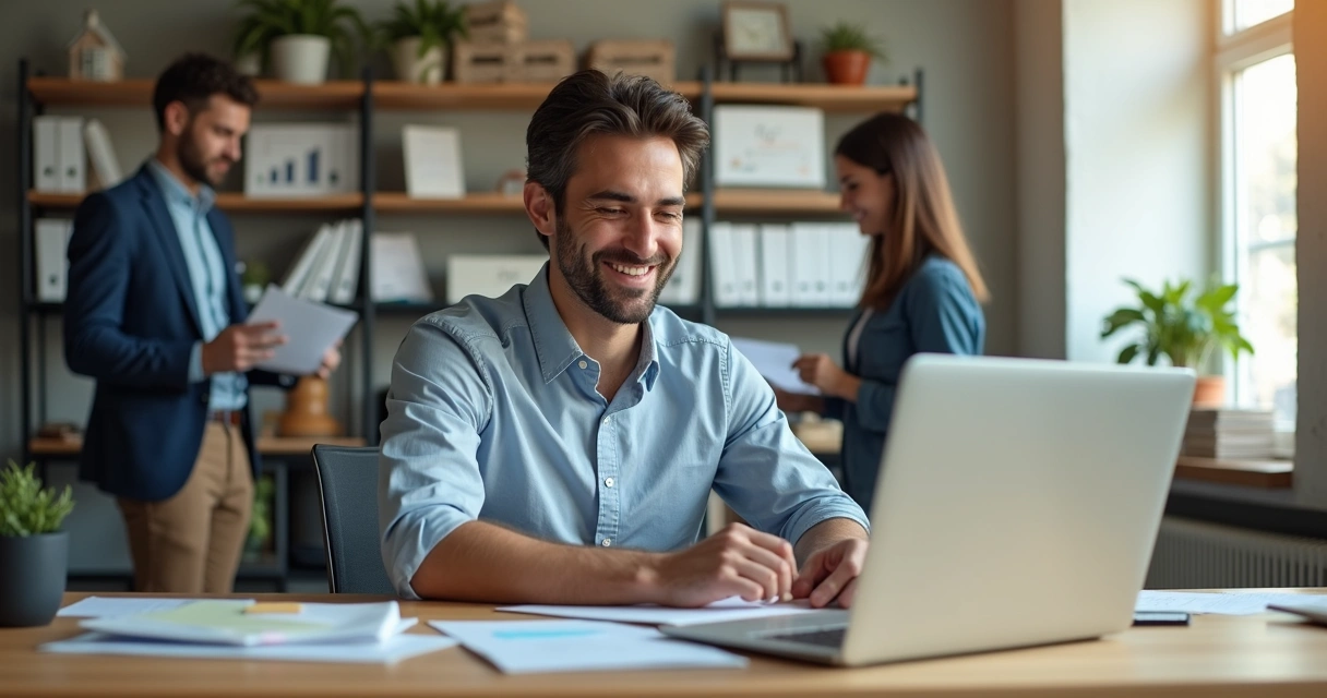Corretor usando solução digital integrada em seu notebook ao atender cliente em mesa de escritório