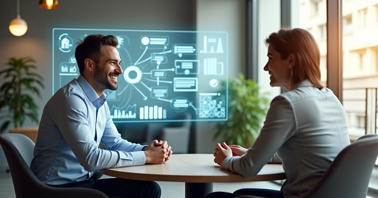 Corretor de imóveis conversa com cliente e painel digital ao fundo ilustra fluxo de automação