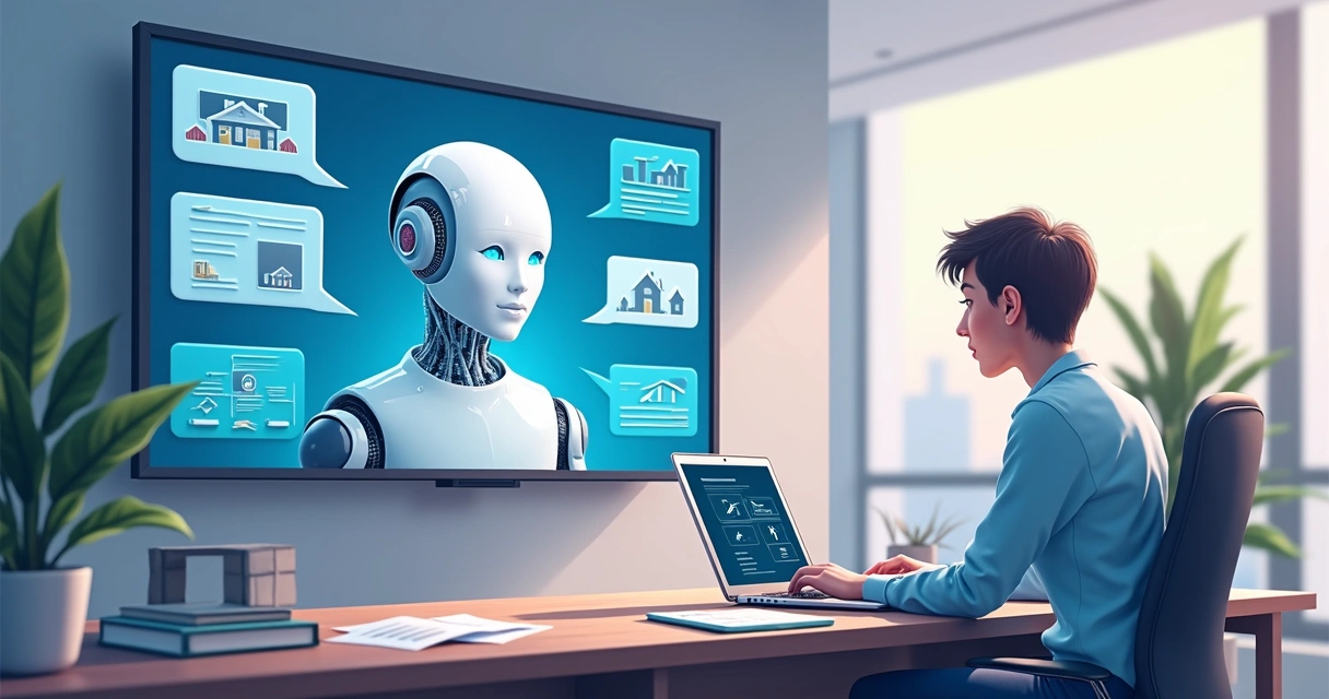 Atendente virtual com balões de diálogo em tela digital 