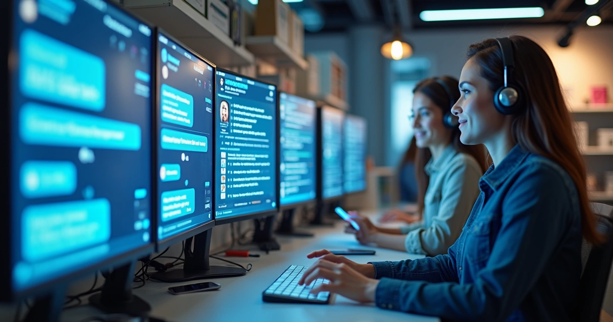 Atendente digital na tela e fila de clientes solucionando dúvidas rapidamente 