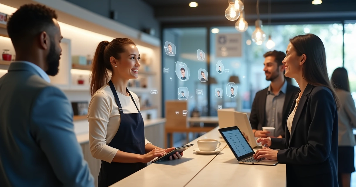 Atendente de loja usando IA em tablet para responder clientes 