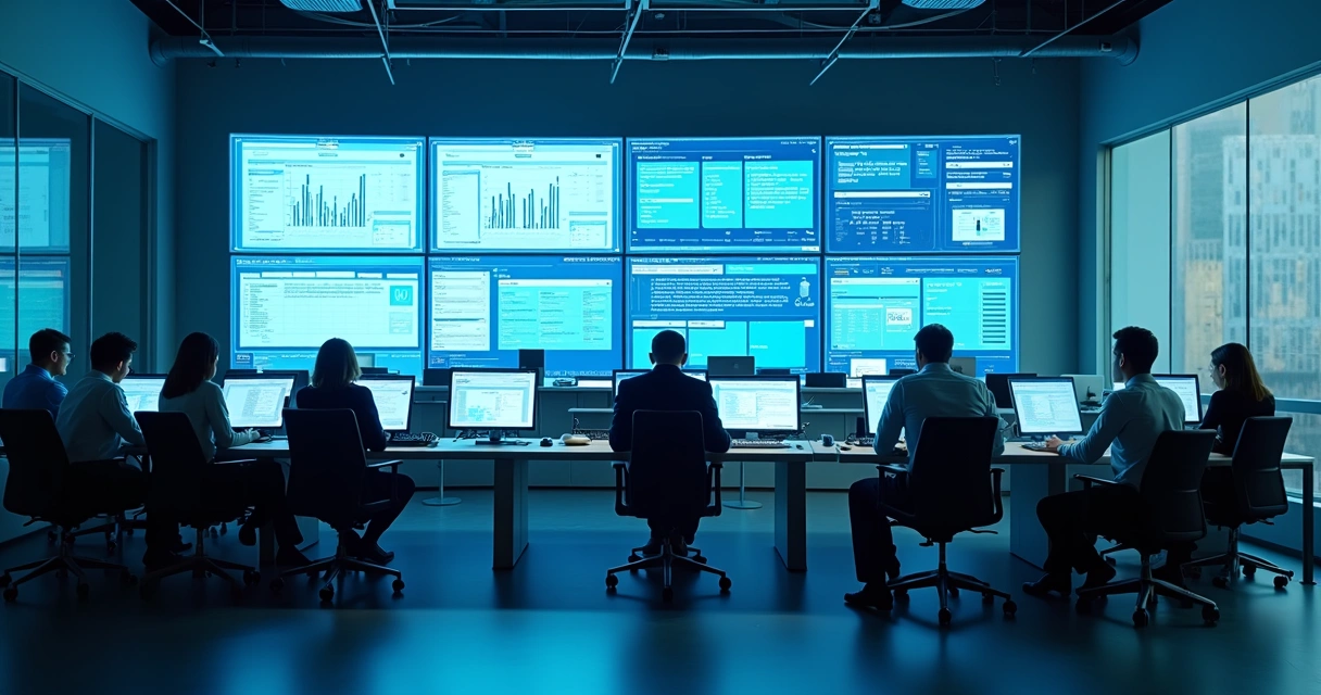 Sala de atendimento digital de ouvidoria com tela grande exibindo gráficos e respostas automáticas 