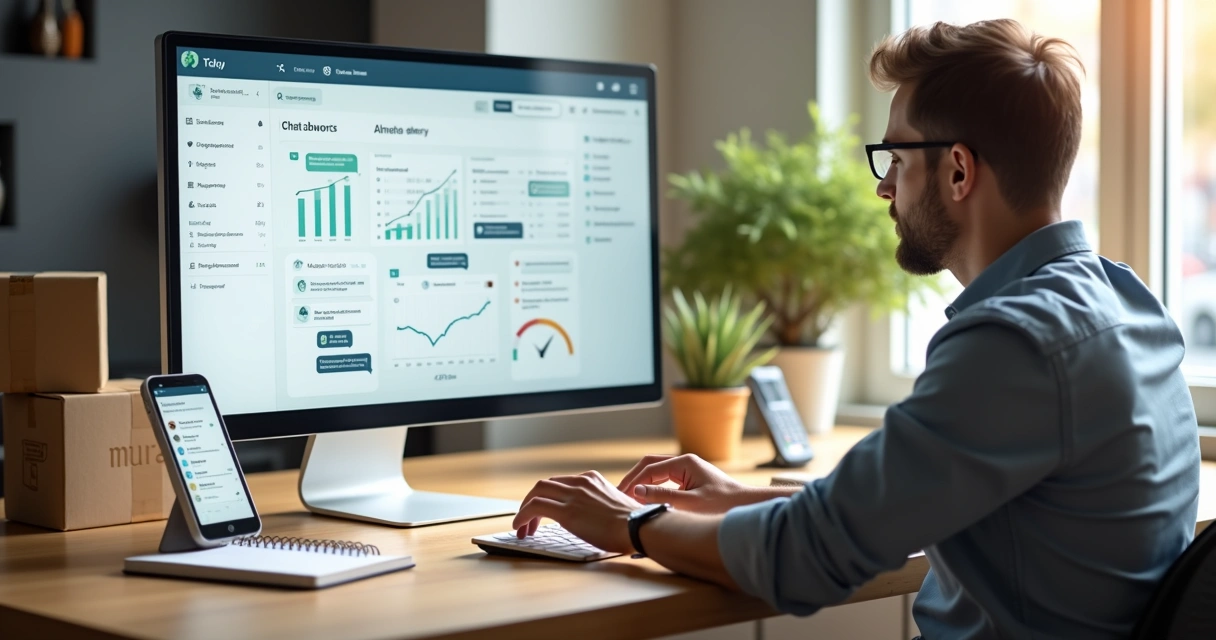 Dona de pequeno negócio usando painel de atendimento automatizado no computador com chatbot no celular ao lado 