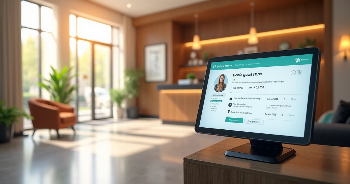 Atendente virtual personalizado interagindo com hóspede em hotel. 
