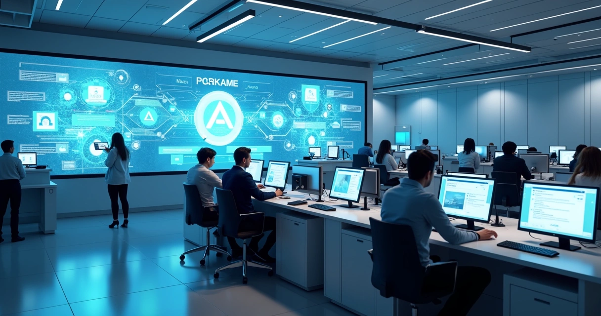 Interface digital moderna com painéis de atendimento automatizado em órgão público, pessoas interagindo com quiosques e atendentes virtuais em ambiente corporativo claro e tecnológico 