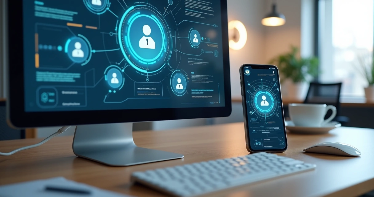 Computador e smartphone exibindo interface de atendimento automatizado com chatbots e inteligência artificial 