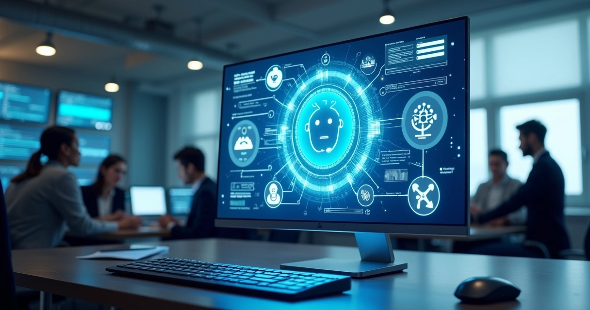 Central de atendimento automatizado com chatbots e inteligência artificial em uma tela moderna de computador 