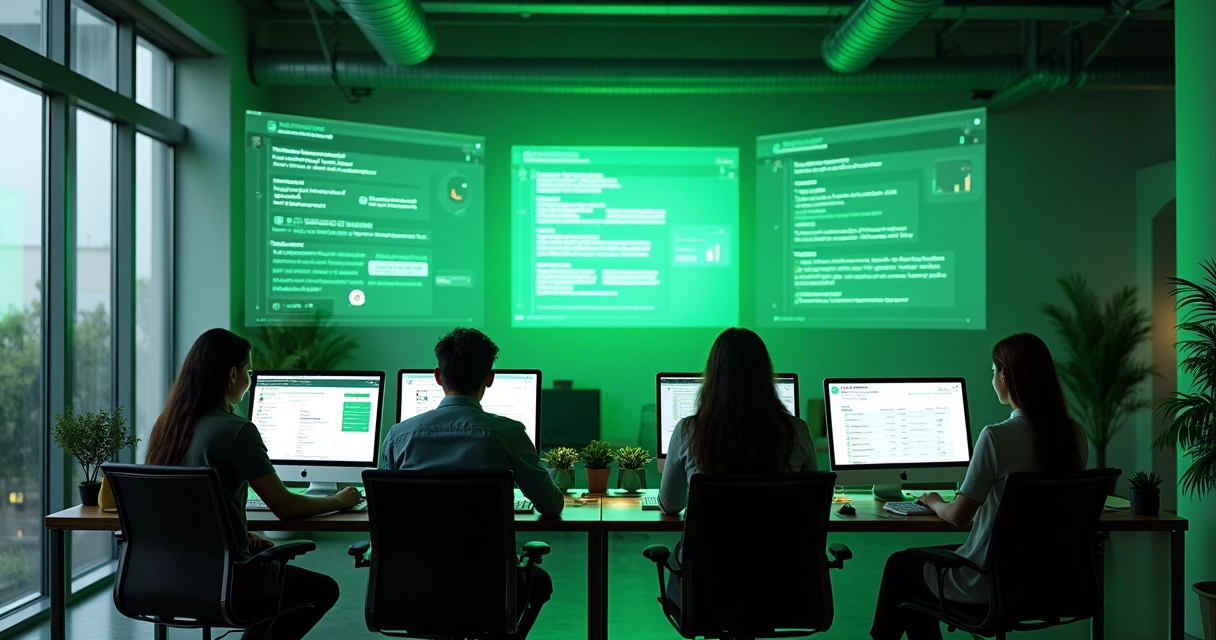Equipe de atendimento gerenciando conversas no WhatsApp em diferentes telas