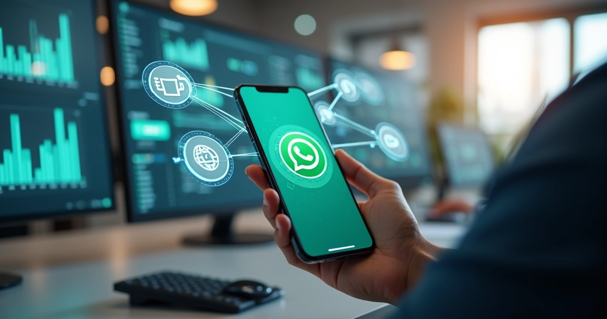 Pessoa utilizando smartphone para atendimento e vendas via WhatsApp com interface digital de bots e inteligência artificial 