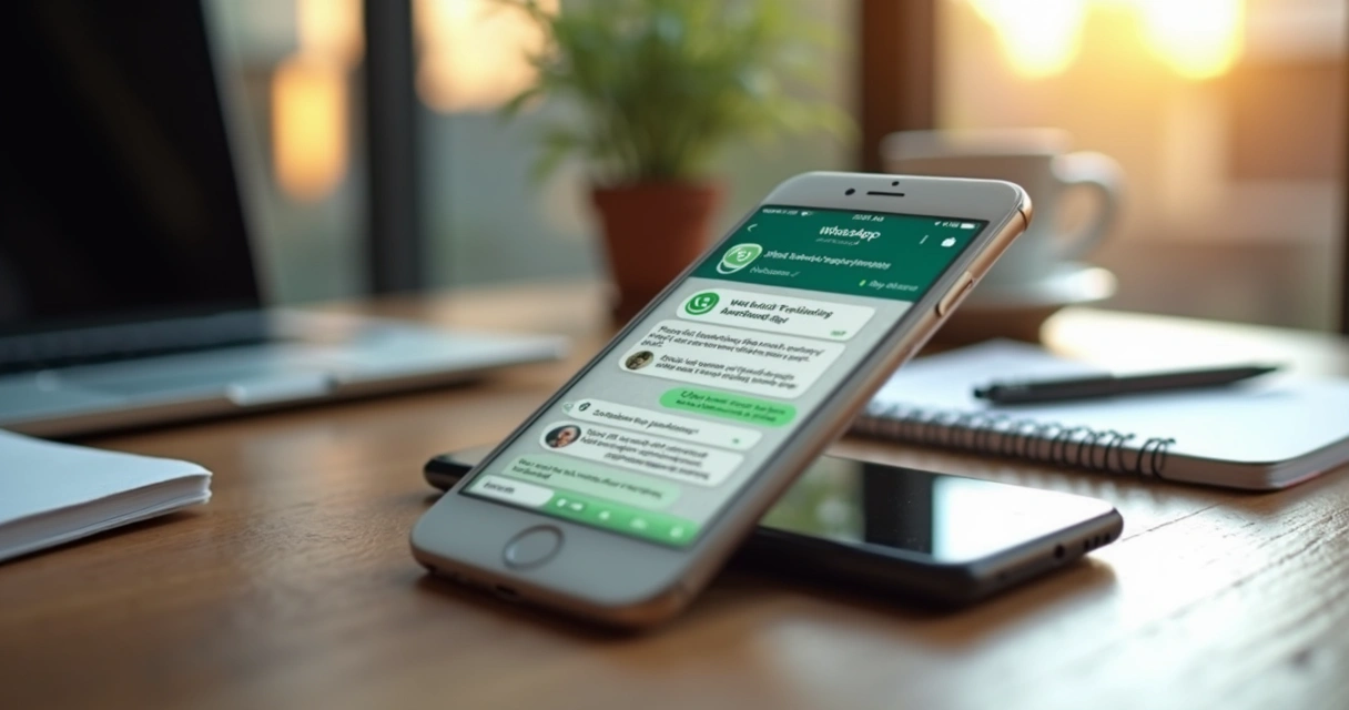 Interface de atendimento virtual no WhatsApp exibida em um smartphone sobre uma mesa de escritório com elementos tecnológicos ao redor 