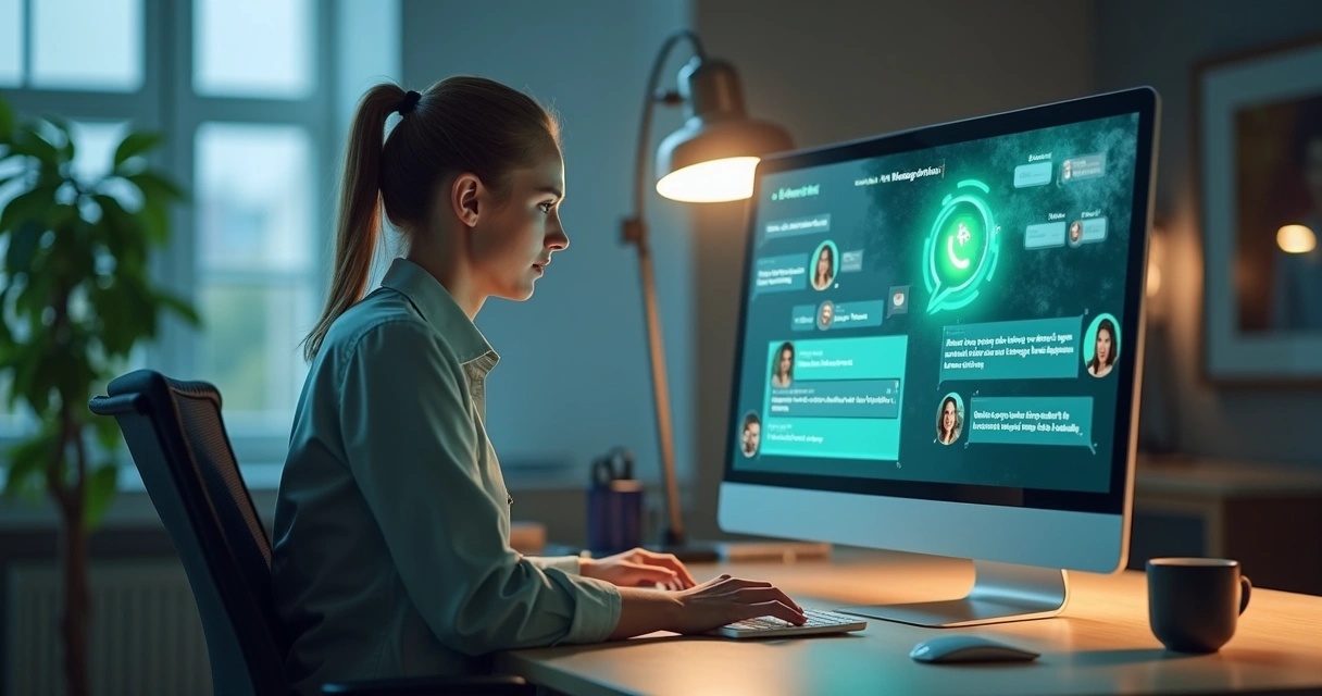 Agente digital atendendo clientes via WhatsApp em uma mesa de escritório 