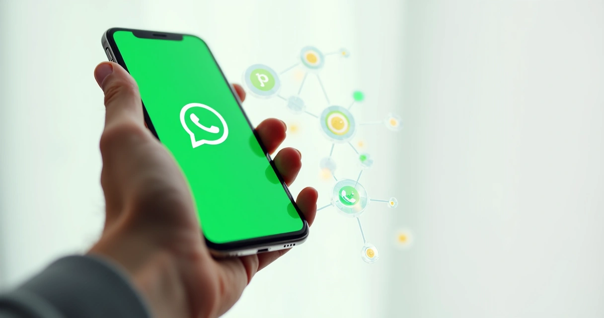 Mão segurando um smartphone com chatbot ativa no WhatsApp