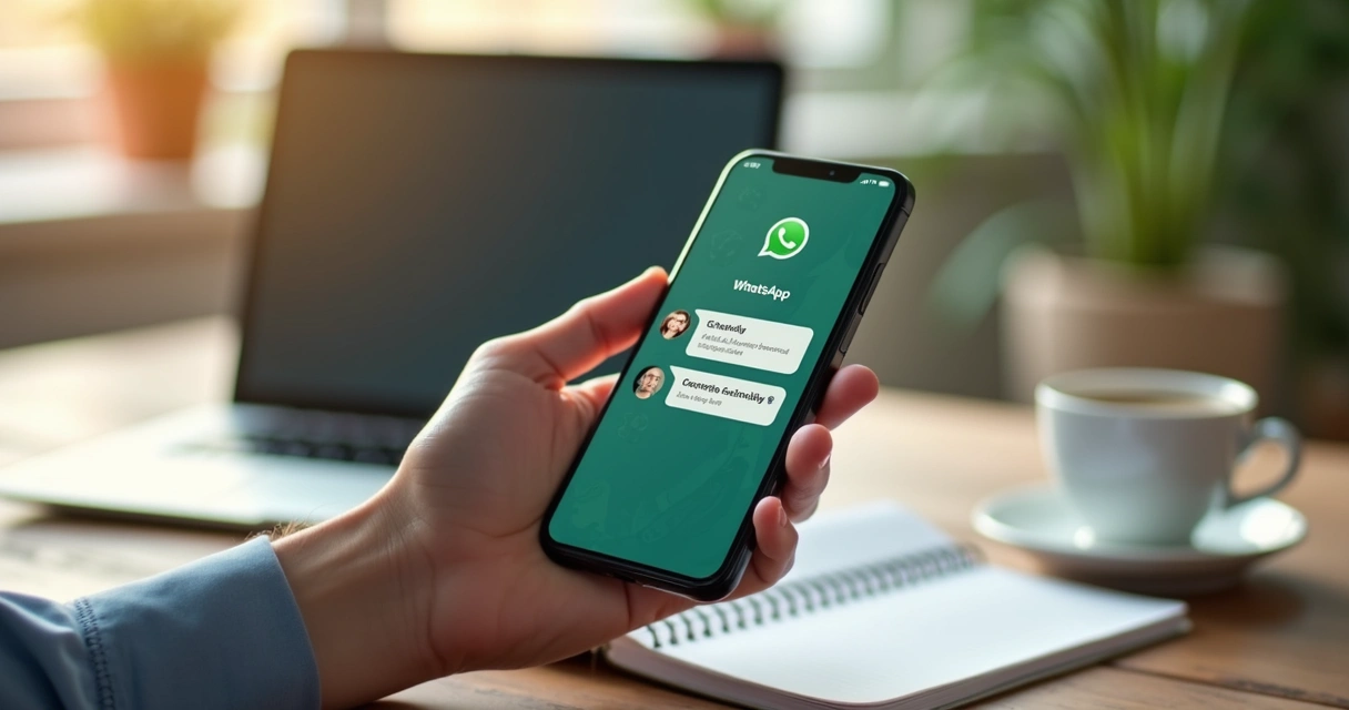 Tela de smartphone mostrando conversa automatizada no WhatsApp com interface moderna e detalhes de agendamento