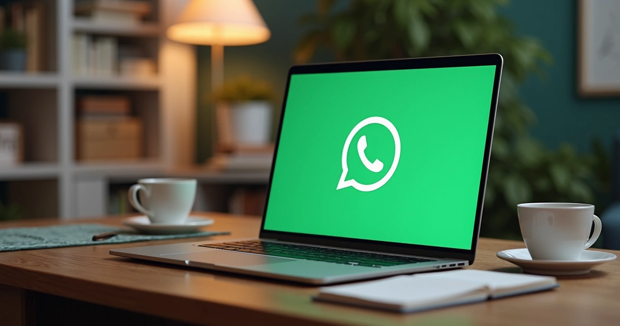 Mesa de trabalho com laptop mostrando tela do WhatsApp Business API, chatbot em ação e integração com CRM kanban, representando automação de atendimento e vendas pelo WhatsApp 